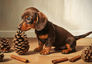 Happy Dachshund Puppy Relaxing With Natural Treasures