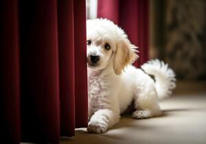 Poodle Puppy Plays Hide And Seek Behind Curtain by Puppy Prints