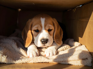 Beagle Puppy Listens From Hidden Box Fort by Puppy Prints