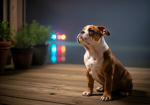 Bulldog Puppy Watches First Fireworks Display by Puppy Prints