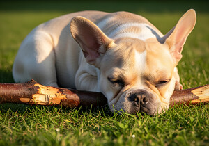 Tired French Bulldog Puppy Rests After Stick Chewing Session by Puppy Prints