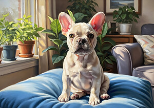 French Bulldog Puppy Sits Alert On Blue Cushion by Puppy Prints