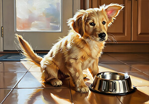 Golden Retriever Puppy Discovers Empty Food Bowl by Puppy Prints