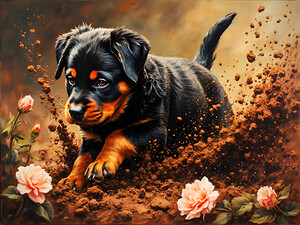 Happy Muddy Puppy Admires Digging Work