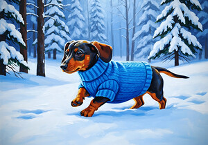 Dachshund Puppy Discovers Winter Snow In Red Sweater by Puppy Prints