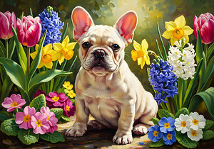 Happy French Bulldog Puppy Rests Among Spring Blooms by Puppy Prints