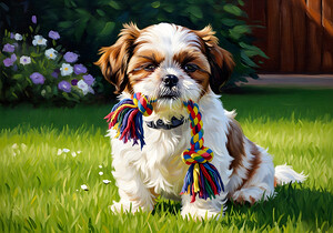 Shih Tzu Puppy Plays With Rope Toy In Garden by Puppy Prints