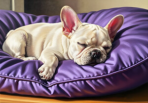 French Bulldog Puppy Sleeping Peacefully On Purple Pillow by Puppy Prints