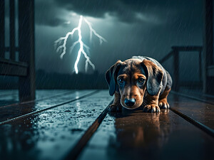 Dachshund Puppy Watches Storm From Covered Porch