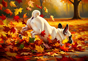 French Bulldog Puppy Discovers Autumn Leaf Pile by Puppy Prints