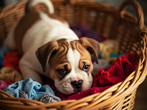 Bulldog Puppy Discovers The Laundry Basket by Puppy Prints