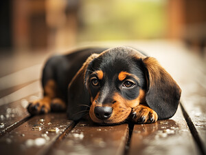 Happy Dachshund Puppy As Storm Clears With Rainbow