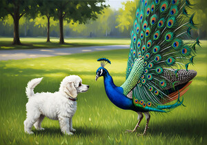 Peacock Displays Full Feather Fan For Amazed Puppy