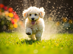 Poodle Puppy Discovers Garden Sprinkler by Puppy Prints