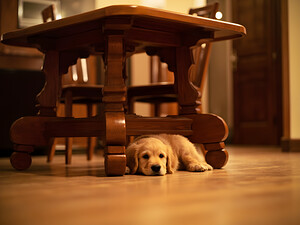 Curious Puppy Peeks From Behind Bookshelf