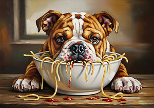 Bulldog Puppy Discovers Spaghetti Dinner