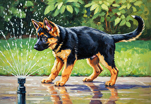 German Shepherd Puppy Discovers Backyard Sprinkler by Puppy Prints