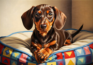 Dachshund Puppy Content On Cozy Dog Bed by Puppy Prints