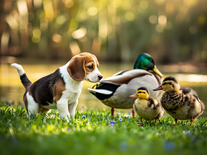 Beagle Puppys Peaceful Moment With Duck Friends by Puppy Prints