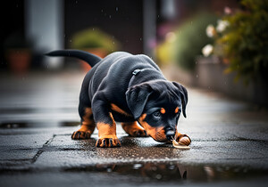 Rottweiler Puppy Discovers Garden Snail On Rainy Day by Puppy Prints