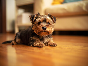 Yorkshire Terrier Puppy Caught Climbing Forbidden Sofa by Puppy Prints