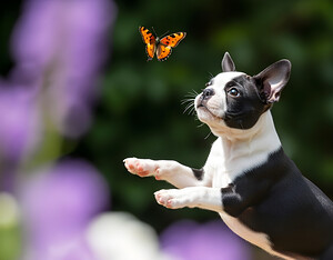 Boston Terrier Puppy Spots Butterfly In Garden by Puppy Prints
