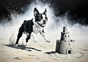 Boston Terrier Puppy Discovers Amazing Sand Castle by Puppy Prints