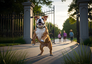 Bulldog Puppy Jumps With Joy At School Gate by Puppy Prints