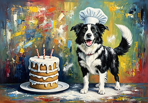 Tired Border Collie Puppy Chef Rests After Cooking Fun by Puppy Prints