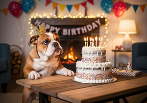 Bulldog Puppy With Golden Crown At Birthday Party