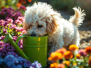 Free Poodle Puppy Sits By Overturned Watering Can by Puppy Prints