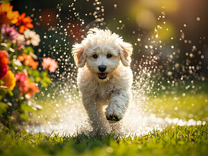 Tired Poodle Puppy Rests After Sprinkler Fun by Puppy Prints