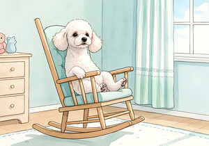 Poodle Puppy Finds Perfect Balance On Rocking Chair by Puppy Prints