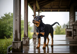Joyful Rottweiler Puppy Wags Tail Under Porch by Puppy Prints