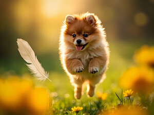 Feather Lands On Happy Pomeranian Puppy by Puppy Prints