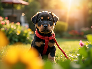 Rottweiler Puppy Gets Tangled In Red Leash by Puppy Prints