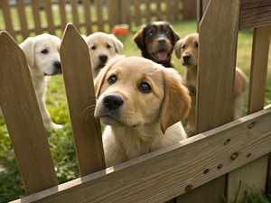 Curious Labrador Retriever Puppy Gazing Through Fence With Friends