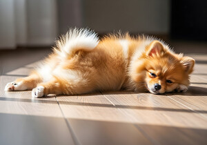 Pomeranian Puppy Discovers The Perfect Sploot Position by Puppy Prints