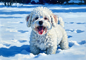 Happy Bichon Frise Puppy Rests After Snow Play