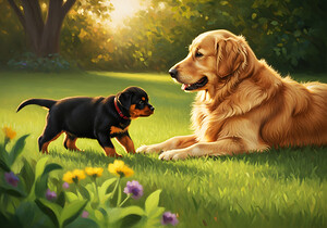 Rottweiler Puppy Meets Big Golden Friend In Garden by Puppy Prints