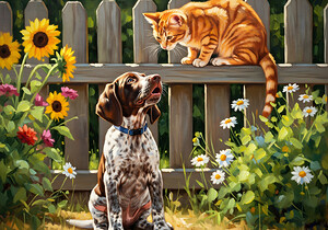 German Shorthaired Pointer Puppy Meets Garden Cat by Puppy Prints