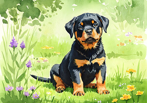 Hopeful Rottweiler Puppy Waits In Garden by Puppy Prints