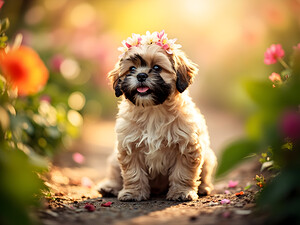 Shih Tzu Puppy Sits Proudly Wearing Flower Crown by Puppy Prints