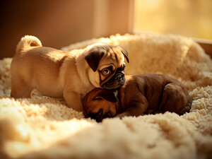 Pug Puppy Gently Wakes Sleeping Friend by Puppy Prints