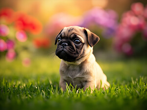Pug Puppy Discovers Fun Game In Garden by Puppy Prints