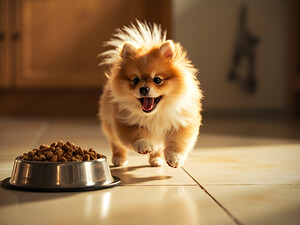 Excited Pomeranian Puppy Celebrates Full Food Bowl by Puppy Prints