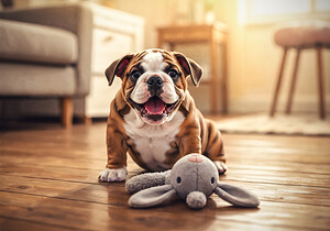 Bulldog Puppy Discovers New Plush Rabbit Friend