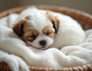 Peaceful Shih Tzu Puppy Sleeps In Cream Towels by Puppy Prints