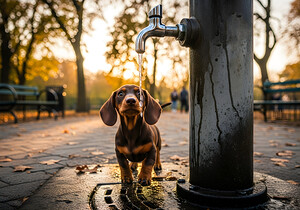 Dachshund Puppy Discovers Water Fountain