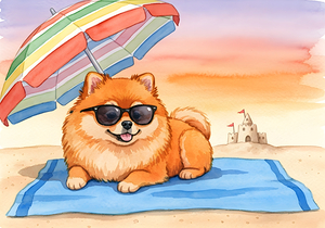 Tired Pomeranian Puppy Resting On Beach Towel by Puppy Prints